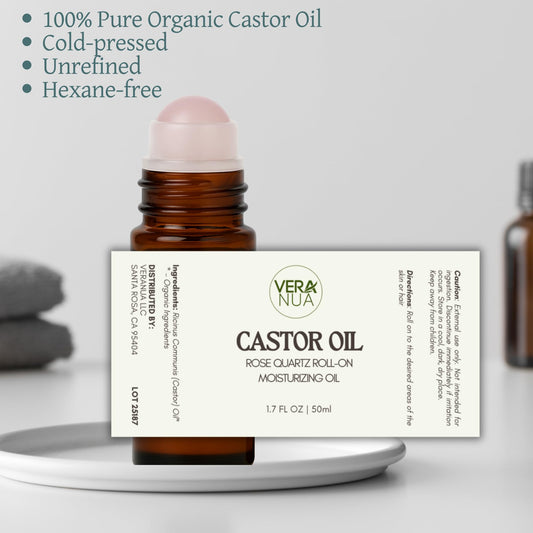 Castor Oil with Rose Quartz Roller – Made with Organic Castor Oil, 100% Pure, Cold-Pressed & Hexane-Free | Ideal For Hair, Lashes, Brows, Skin (50ml)