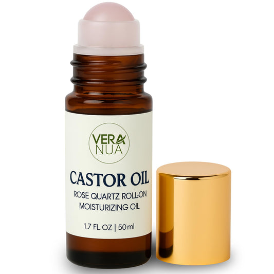 Castor Oil with Rose Quartz Roller – Made with Organic Castor Oil, 100% Pure, Cold-Pressed & Hexane-Free | Ideal For Hair, Lashes, Brows, Skin (50ml)