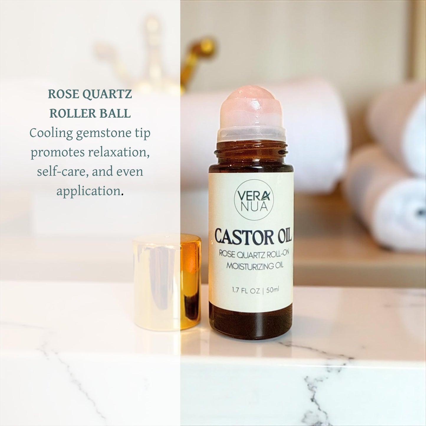 Castor Oil with Rose Quartz Roller – Made with Organic Castor Oil, 100% Pure, Cold-Pressed & Hexane-Free | Ideal For Hair, Lashes, Brows, Skin (50ml)