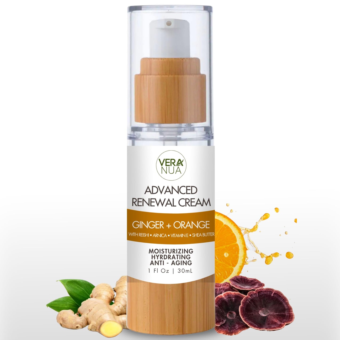VeraNua Ginger Orange Moisturizer Face Cream - With Reishi Mushroom, Arnica, Jojoba, Vitamin E, Shea Butter, Rose Water, and Arrowroot - Moisturizing, Anti Aging, and Hydrating