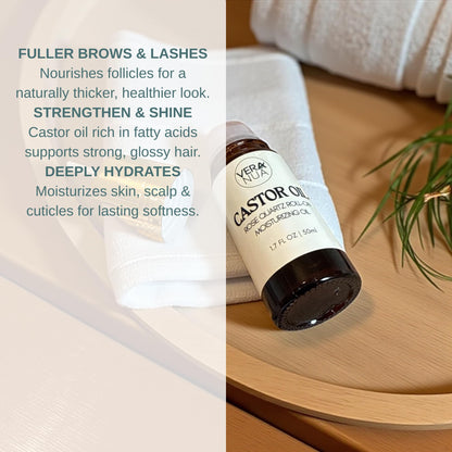 Castor Oil with Rose Quartz Roller – Made with Organic Castor Oil, 100% Pure, Cold-Pressed & Hexane-Free | Ideal For Hair, Lashes, Brows, Skin (50ml)