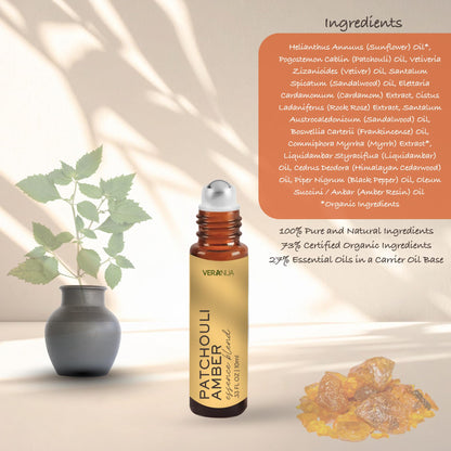 VeraNua Amber Patchouli Perfume Oil Roll On Bottle - Alcohol Free for Men & Women, Warm, Earthy & Exotic Aroma Essence Blend