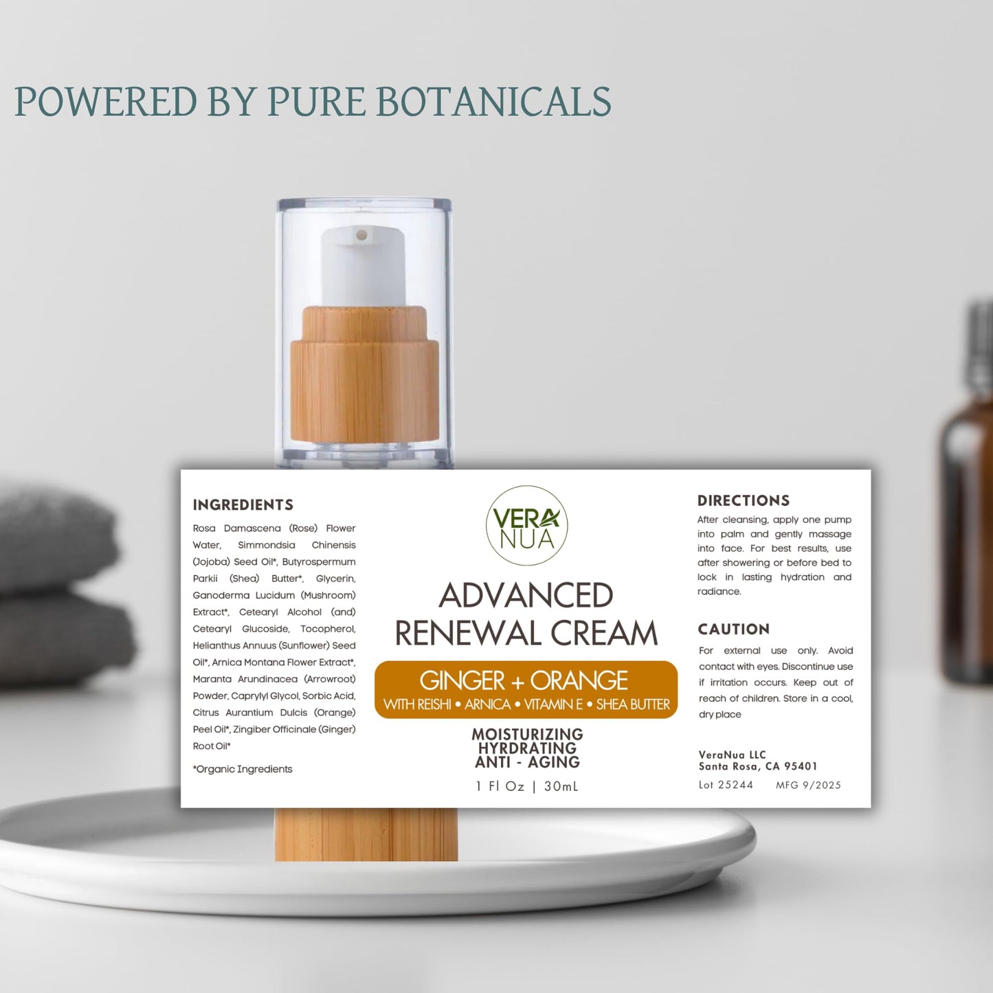 VeraNua Ginger Orange Moisturizer Face Cream - With Reishi Mushroom, Arnica, Jojoba, Vitamin E, Shea Butter, Rose Water, and Arrowroot - Moisturizing, Anti Aging, and Hydrating