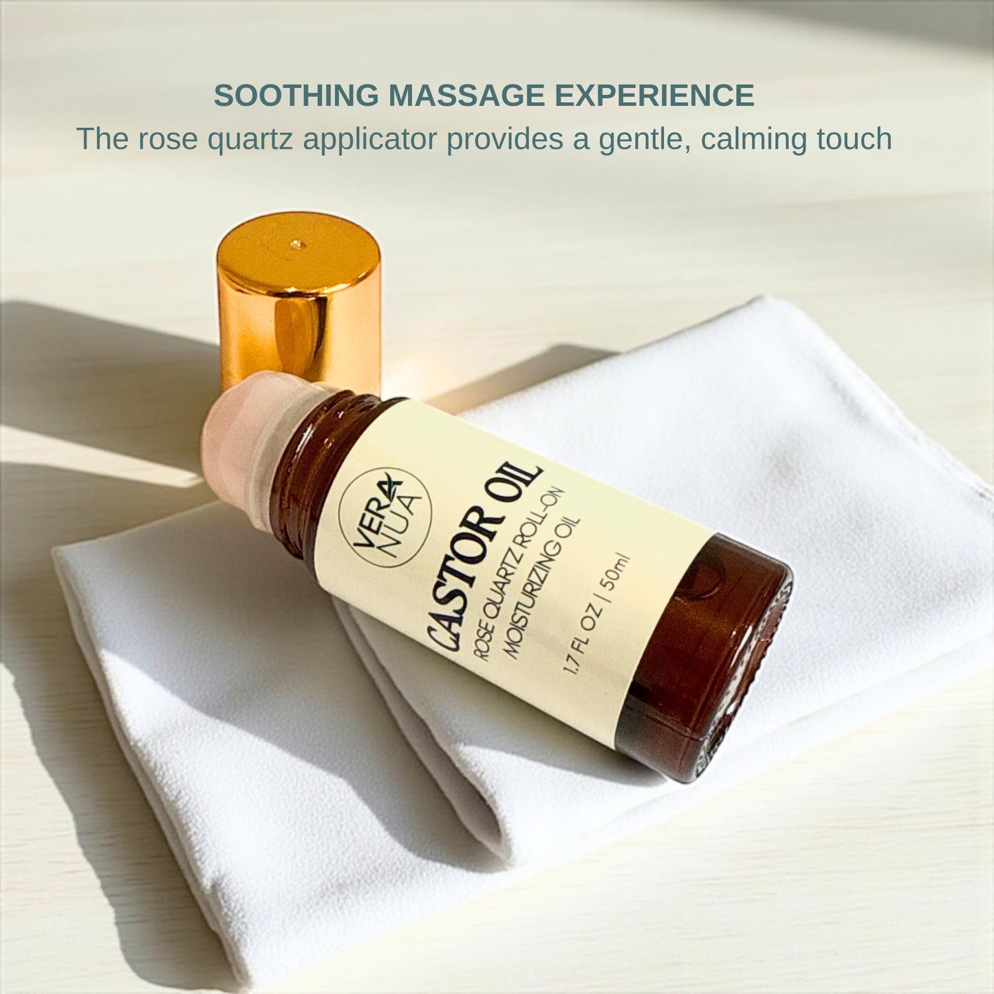 Castor Oil with Rose Quartz Roller – Made with Organic Castor Oil, 100% Pure, Cold-Pressed & Hexane-Free | Ideal For Hair, Lashes, Brows, Skin (50ml)